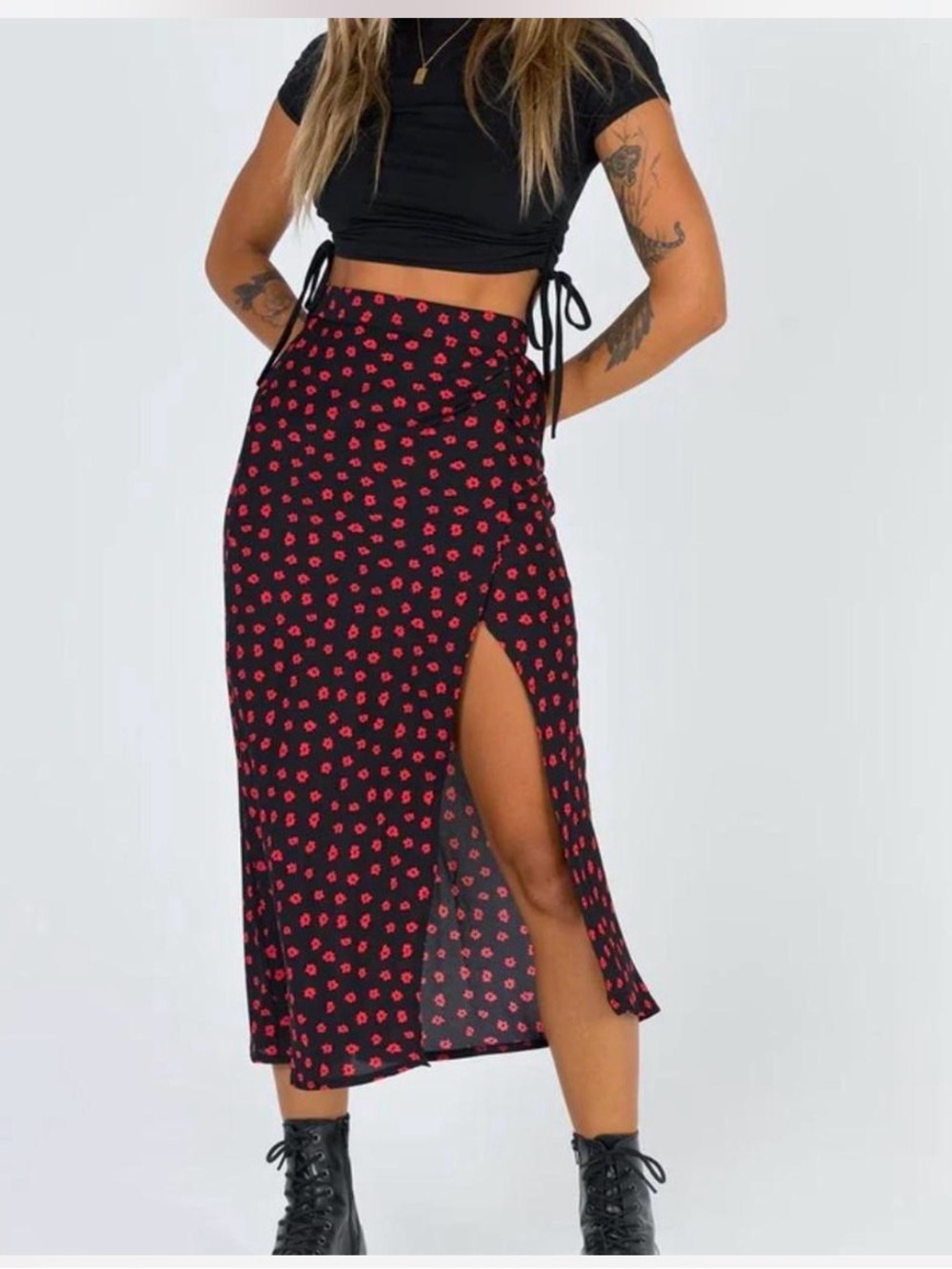Princess Polly Black Midi Skirt with Red Floral Print and High Thigh Slit